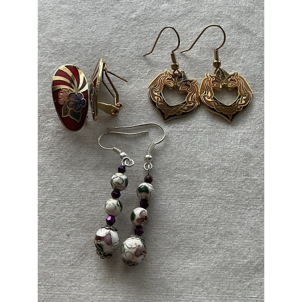Vintage Cloisonné Earring Lot Of 3 Pair Estate Jewelry